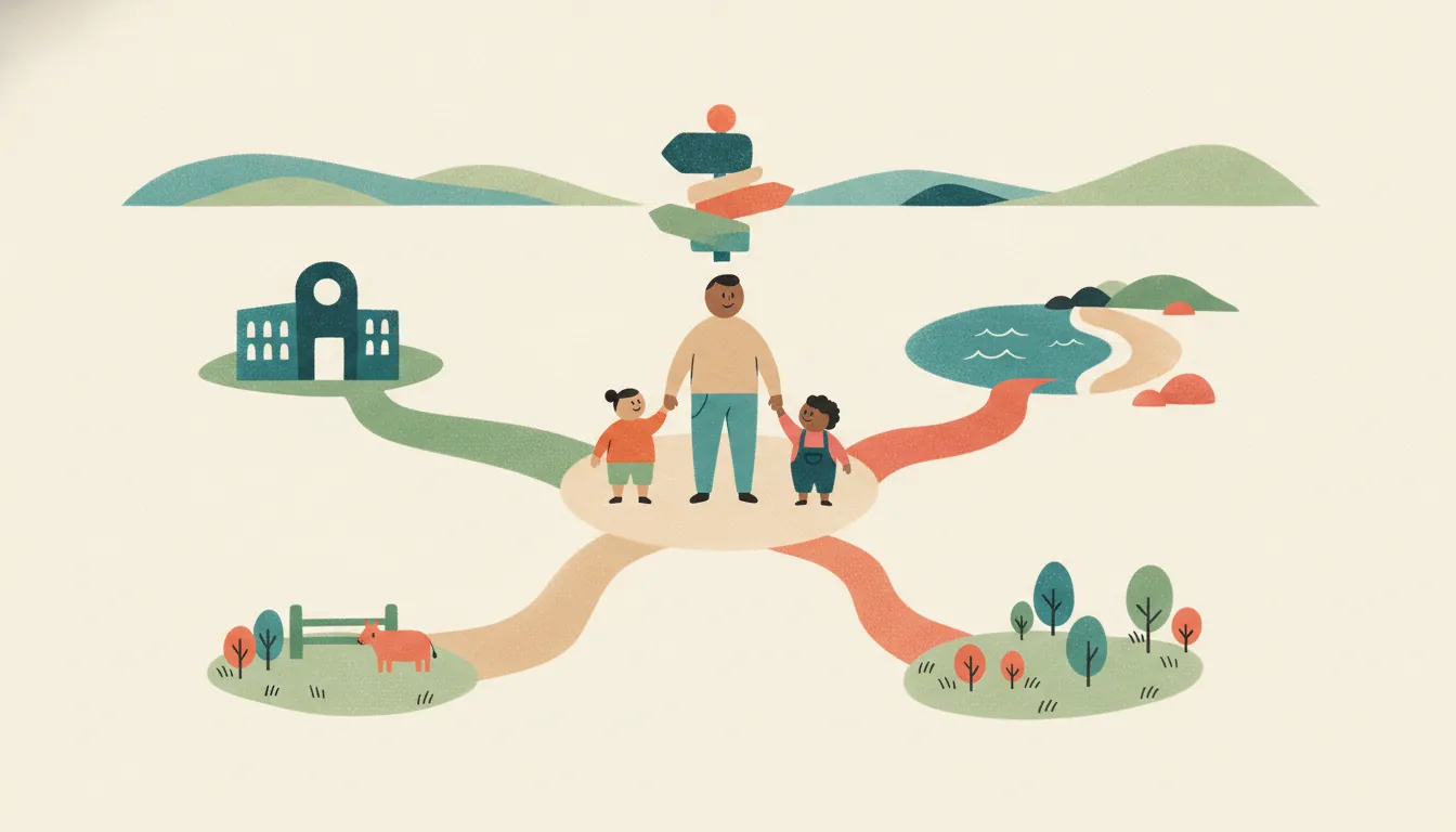 Illustration of a family choosing between paths to a museum, beach, farm and park
