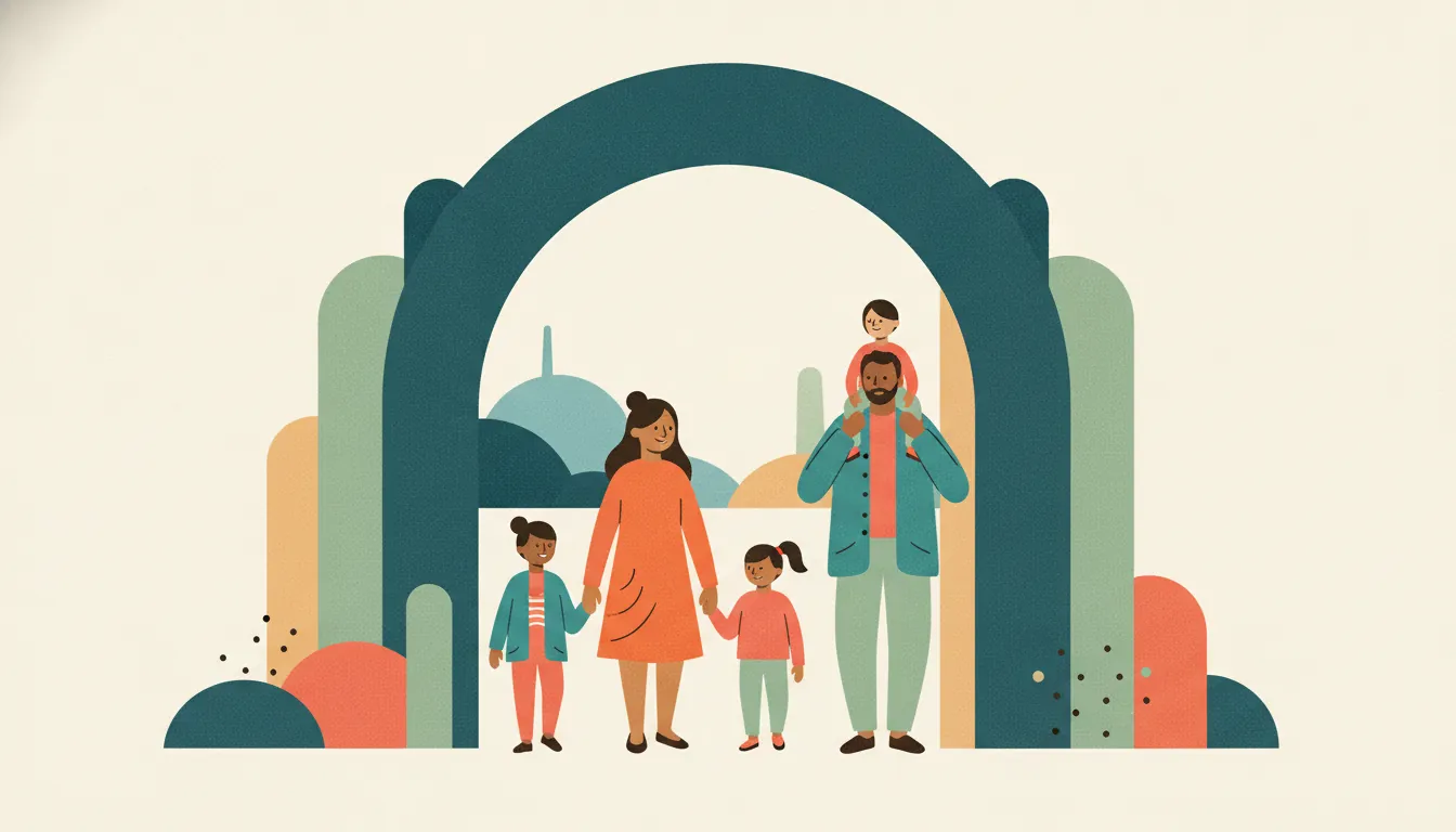 Illustration of a family walking through a museum entrance arch
