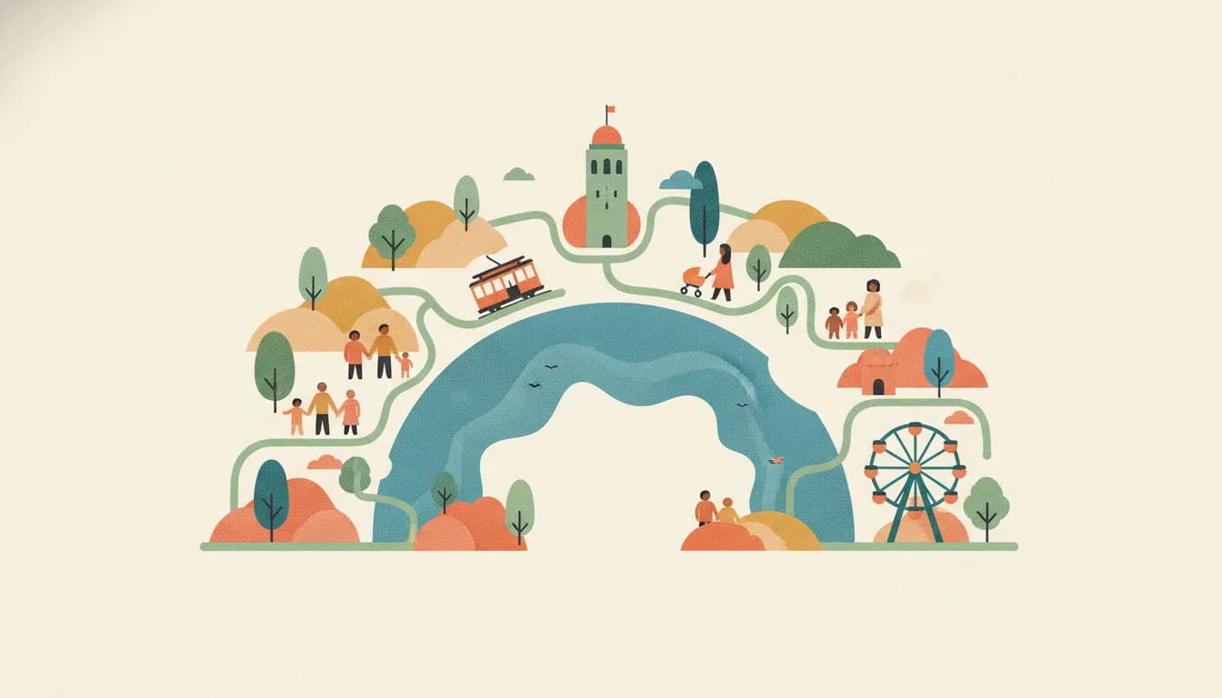 Illustrated map of Bay Area cities around the bay