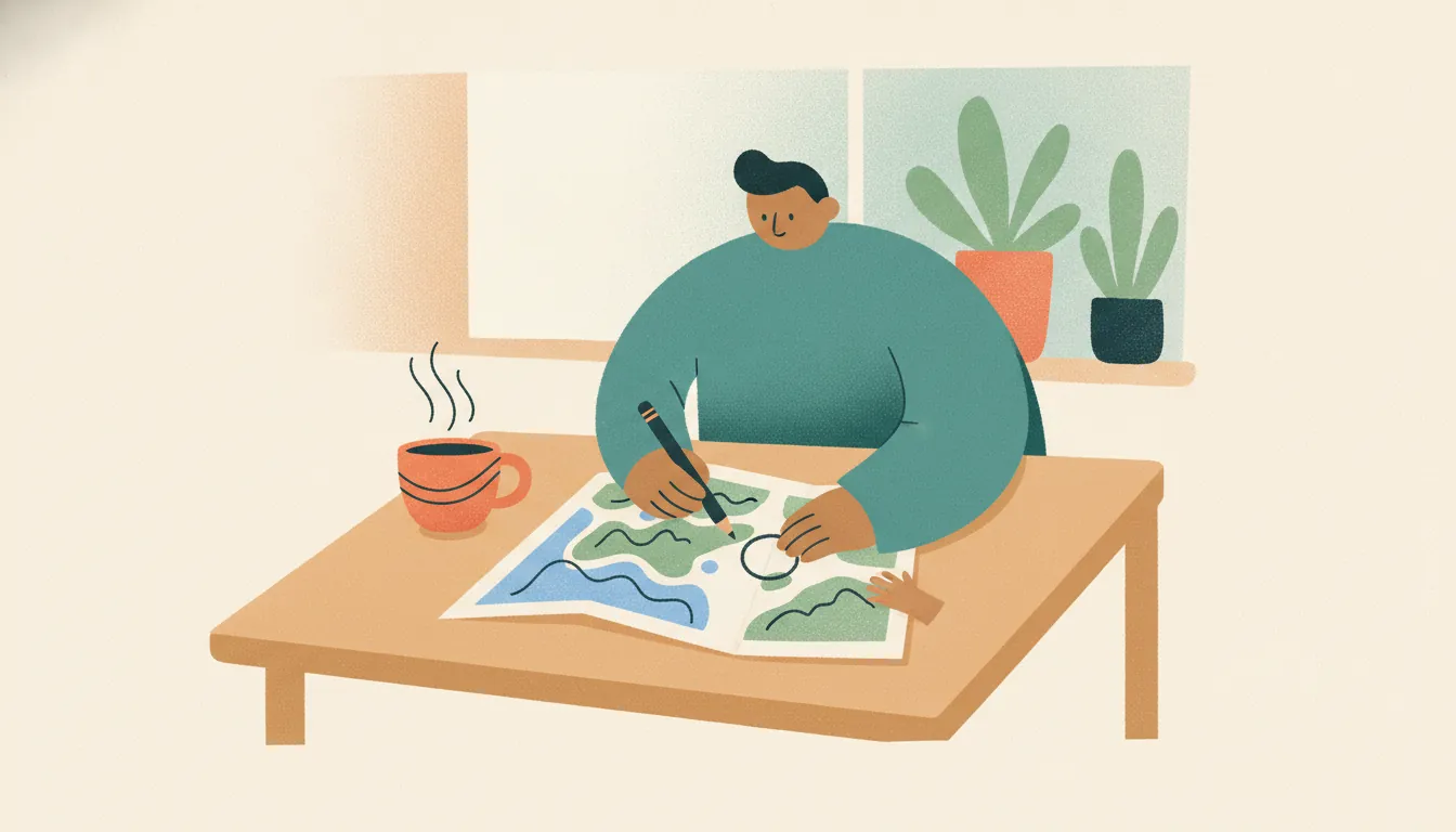 Illustration of a parent planning the weekend over a map and coffee