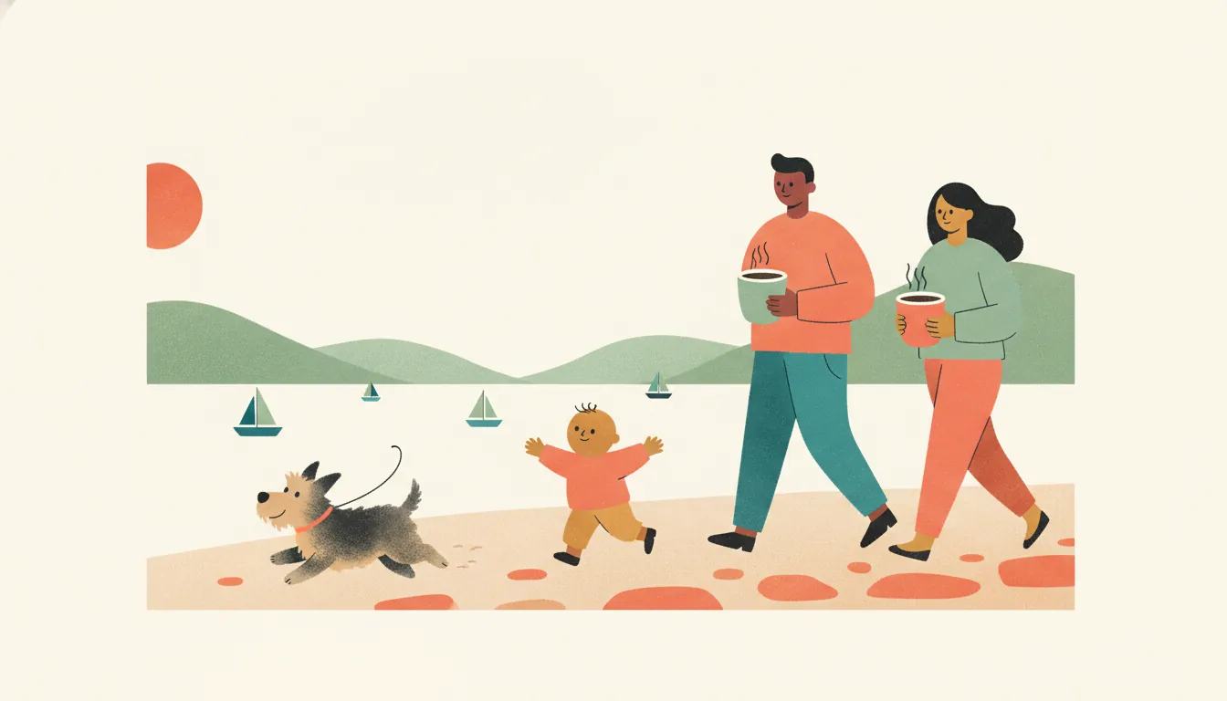 Illustration of a family and their dog on a bayside path