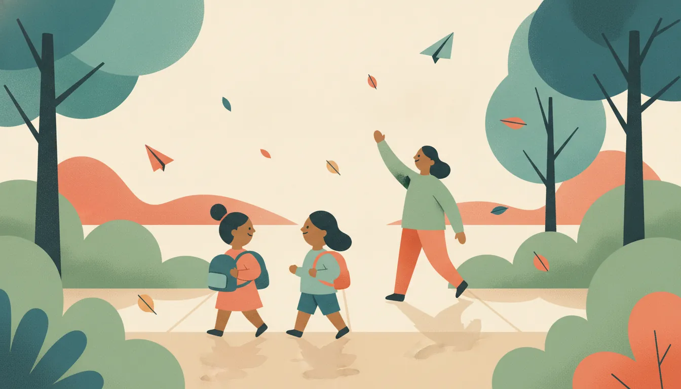 Illustration of kids with backpacks on a leafy sidewalk